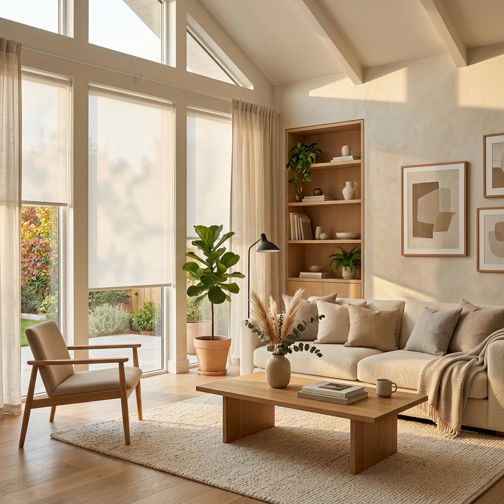 Beautiful modern living room with premium plantation shutters
